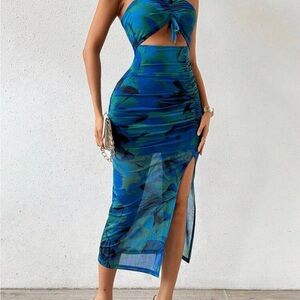 Blue and Green Camouflage Strapless Dress